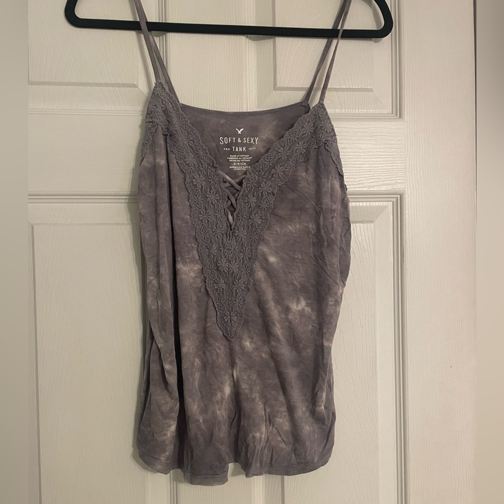 American Eagle Gray Tie Dye Lace Tank Top
